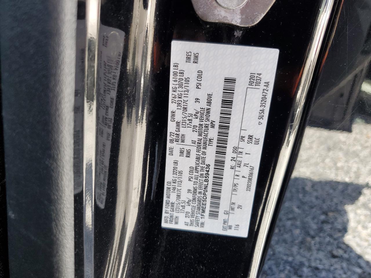 2022 Ford Bronco Base VIN: 1FMEE5DP0NLB59436 Lot: 63255385