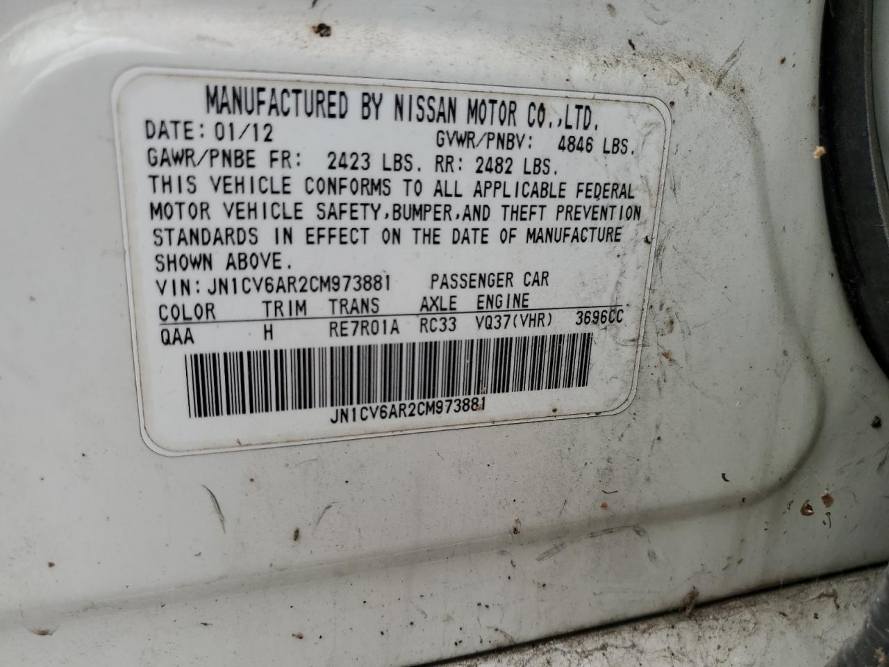 2012 Infiniti G37 VIN: JN1CV6AR2CM973881 Lot: 63783015