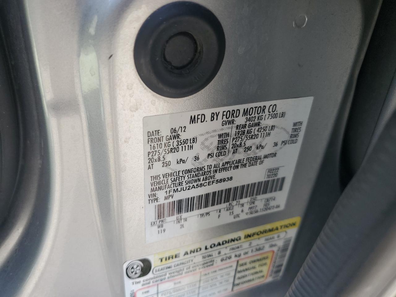 2012 Ford Expedition Limited VIN: 1FMJU2A58CEF58938 Lot: 65968935