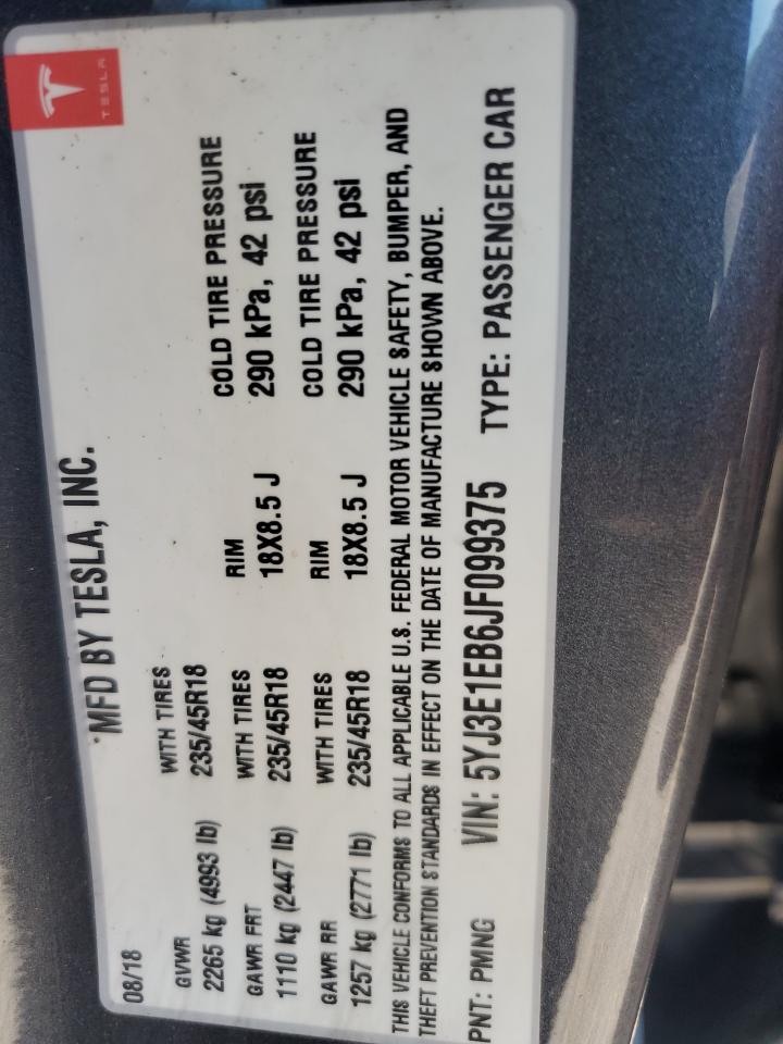 2018 Tesla Model 3 VIN: 5YJ3E1EB6JF099375 Lot: 66363095