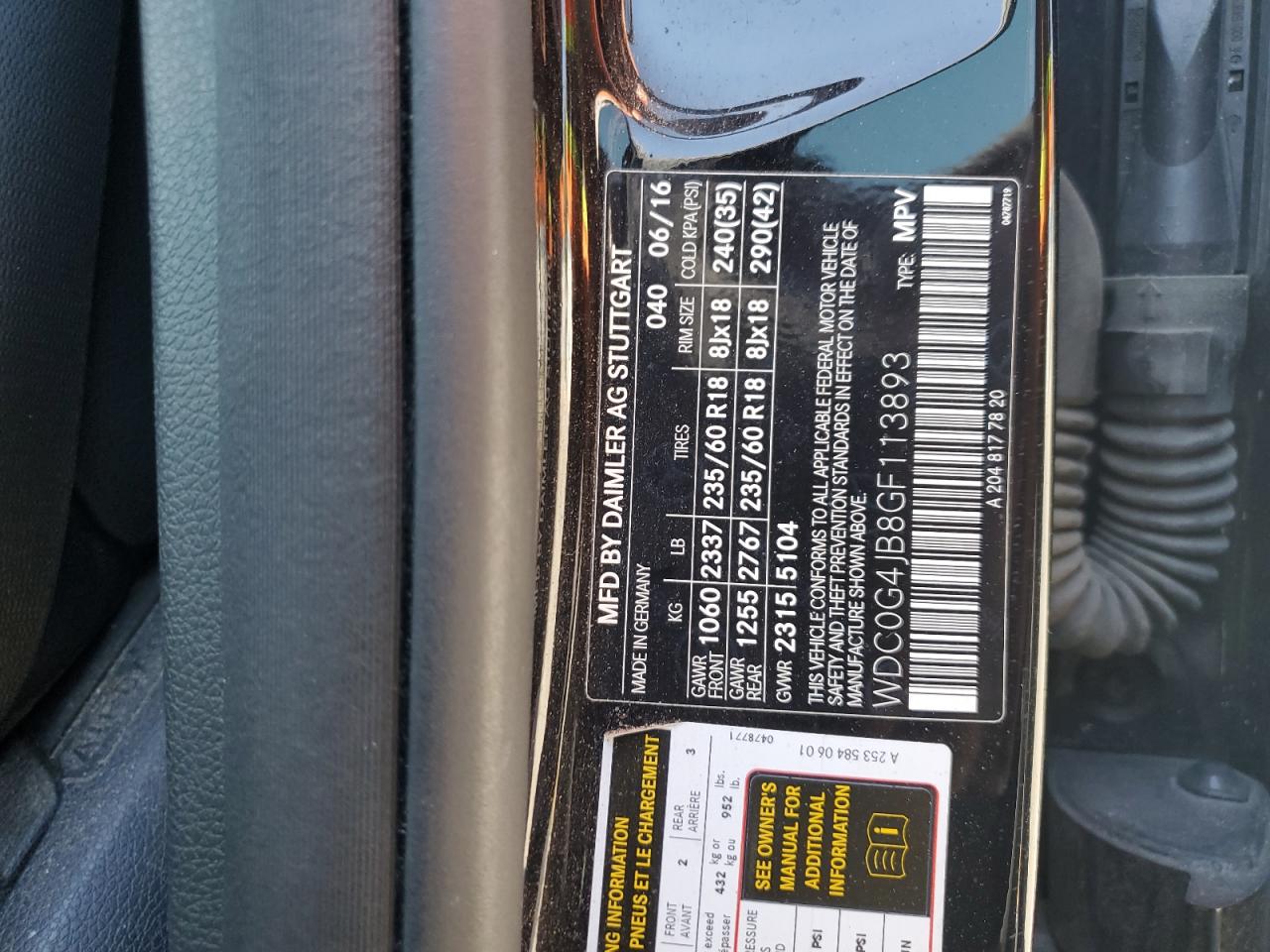 2016 Mercedes-Benz Glc 300 VIN: WDC0G4JB8GF113893 Lot: 64122165