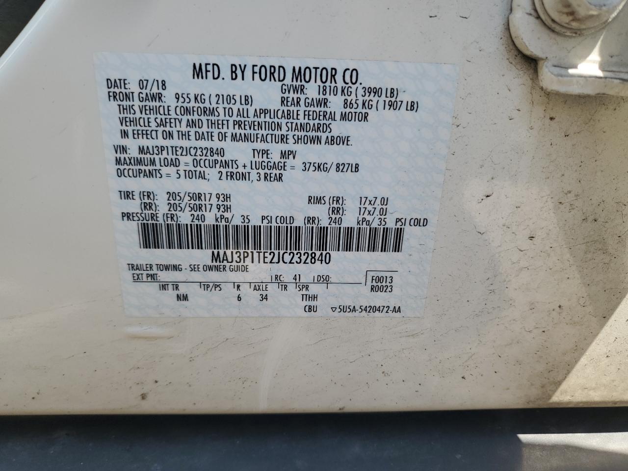 2018 Ford Ecosport Se VIN: MAJ3P1TE2JC232840 Lot: 64415885