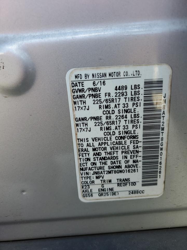 2016 Nissan Rogue S VIN: JN8AT2MT8GW016261 Lot: 64975335