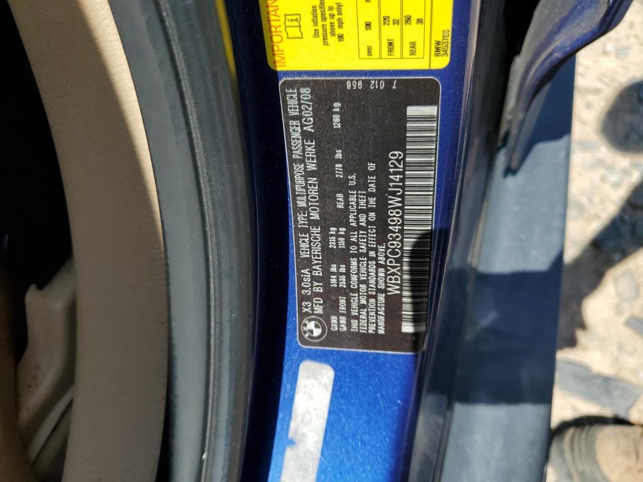 2008 BMW X3 3.0Si VIN: WBXPC93498WJ14129 Lot: 64861565