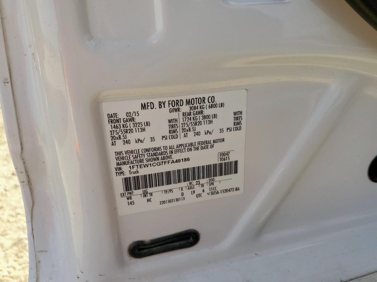 2015 Ford F150 Supercrew VIN: 1FTEW1CG7FFA49186 Lot: 66609665