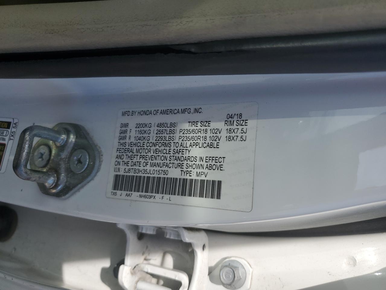 2018 Acura Rdx VIN: 5J8TB3H35JL015750 Lot: 66819555