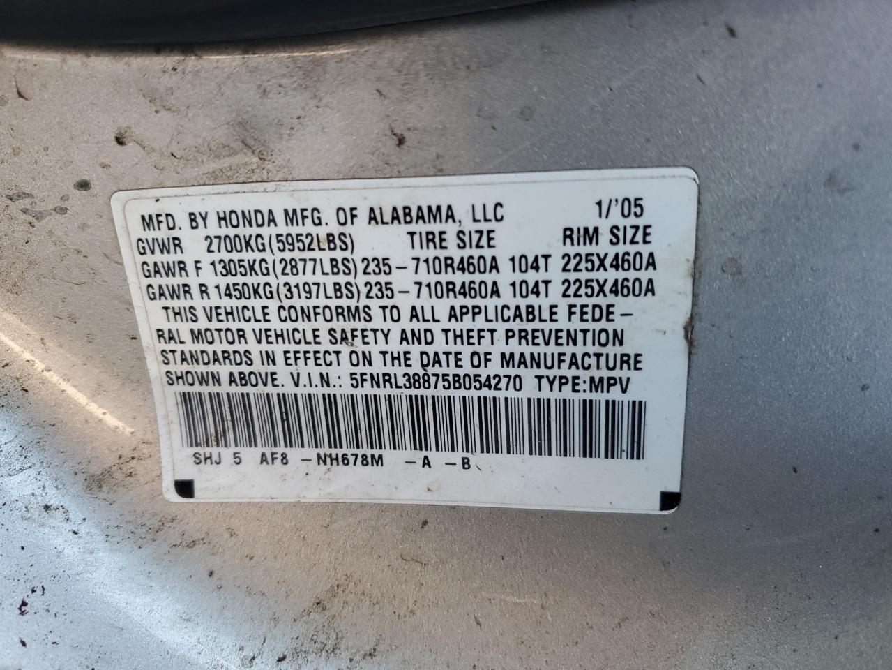 2005 Honda Odyssey Touring VIN: 5FNRL38875B054270 Lot: 63705805