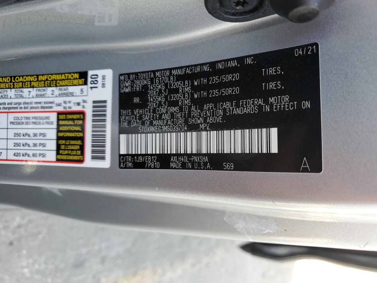 2021 Toyota Sienna Xse VIN: 5TDXRKEC1MS039704 Lot: 64626755