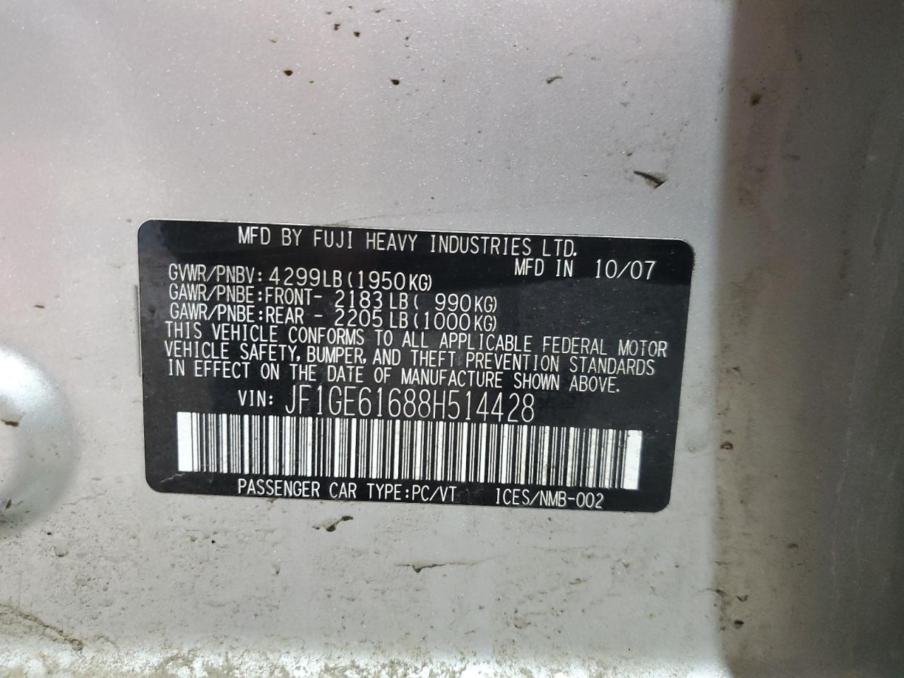 2008 Subaru Impreza 2.5I VIN: JF1GE61688H514428 Lot: 64021145