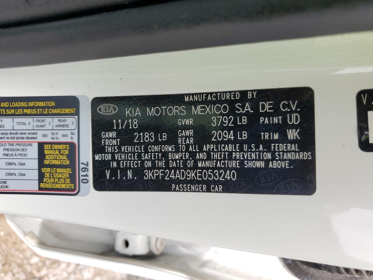 2019 Kia Forte Fe VIN: 3KPF24AD9KE053240 Lot: 64199135