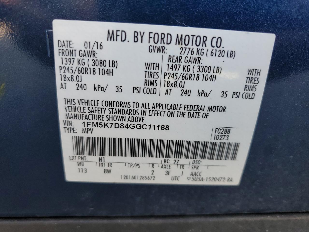 2016 Ford Explorer Xlt VIN: 1FM5K7D84GGC11188 Lot: 62639245