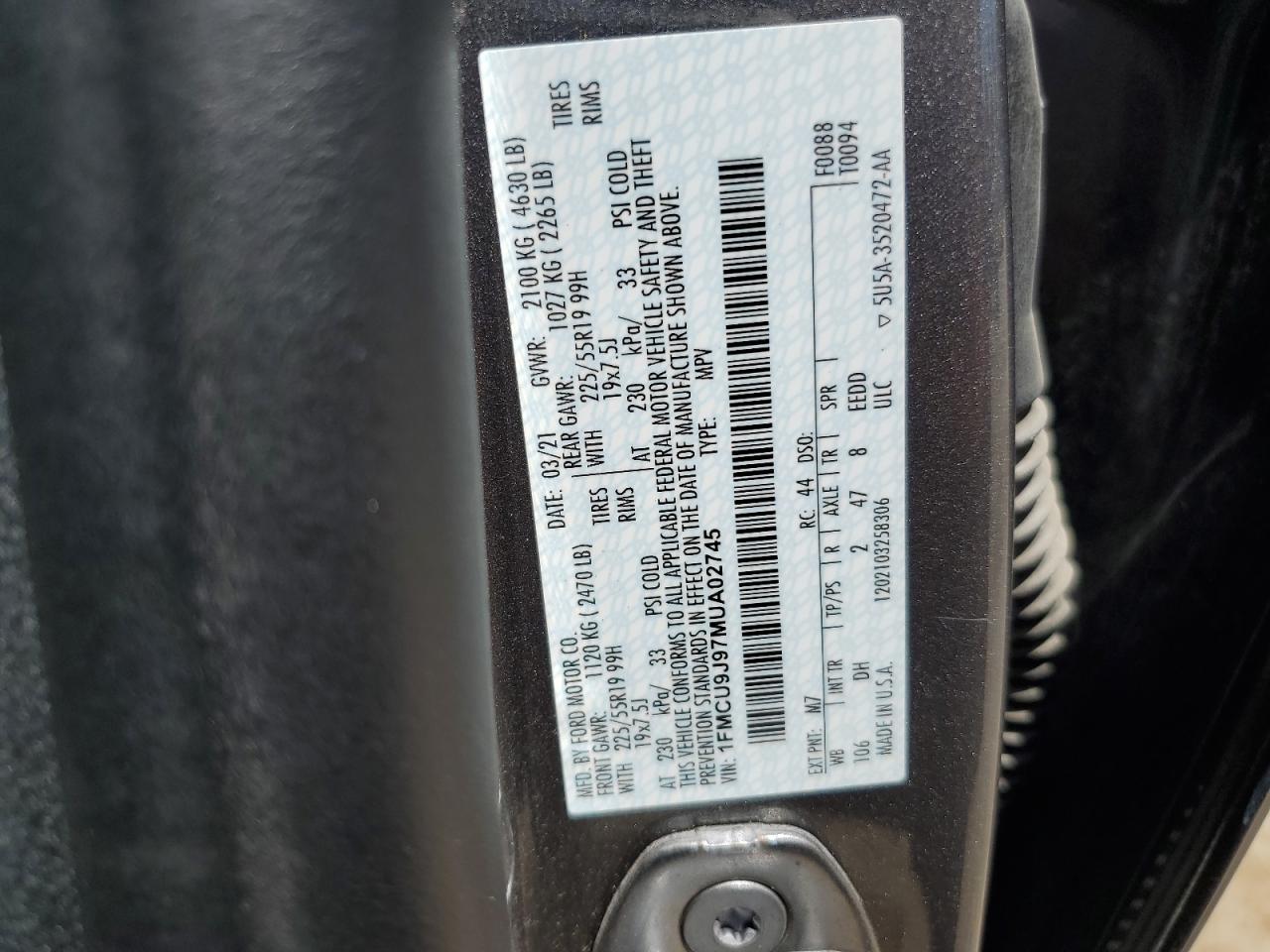 2021 Ford Escape Titanium VIN: 1FMCU9J97MUA02745 Lot: 64578275