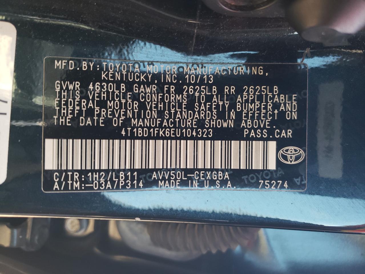 2014 Toyota Camry Hybrid VIN: 4T1BD1FK6EU104323 Lot: 63702695