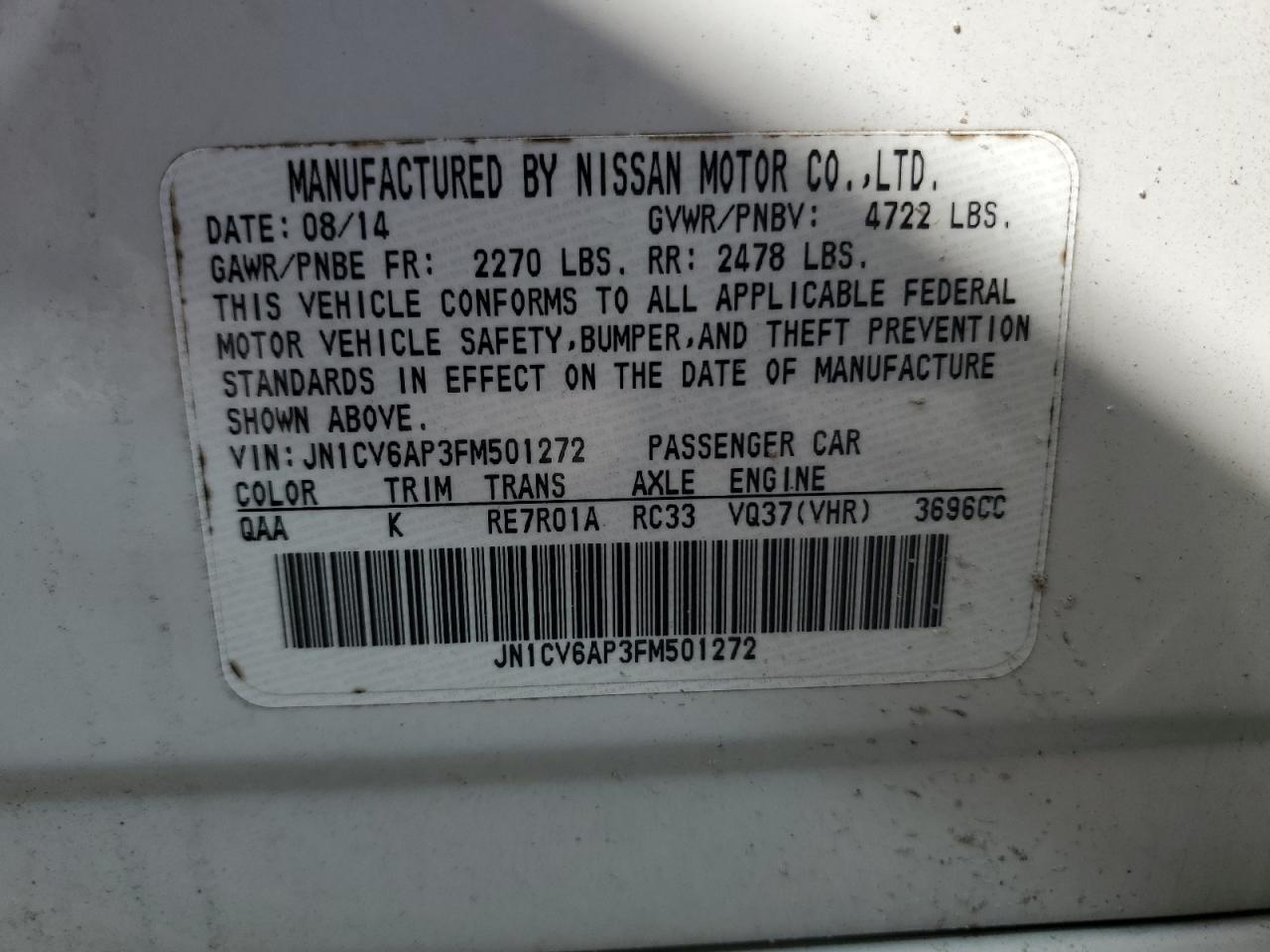 2015 Infiniti Q40 VIN: JN1CV6AP3FM501272 Lot: 65098065