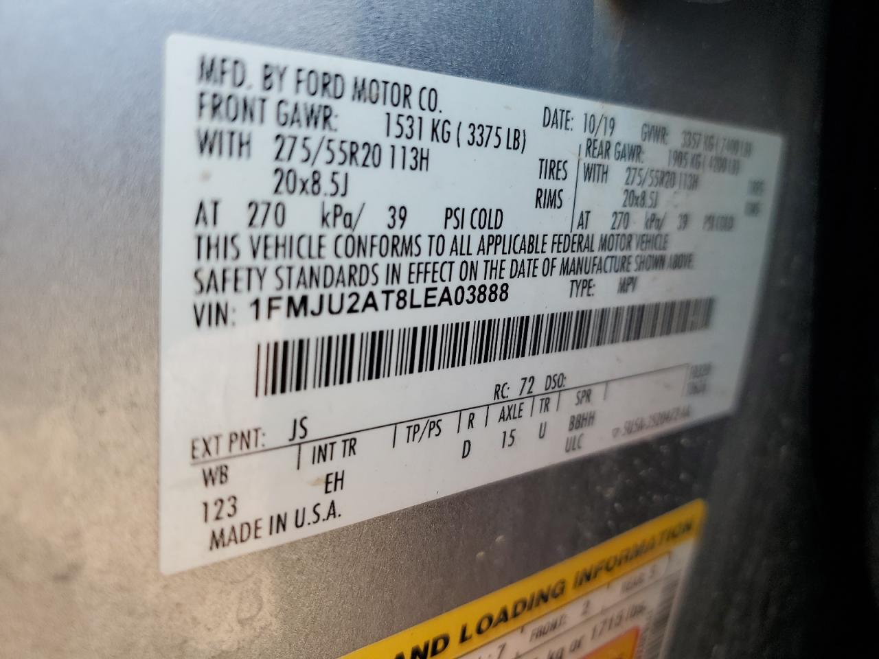 2020 Ford Expedition Limited VIN: 1FMJU2AT8LEA03888 Lot: 64627245
