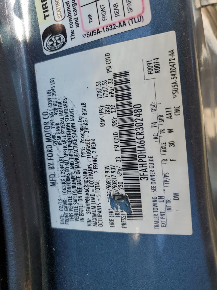 2012 Ford Fusion Se VIN: 3FAHP0HA6CR302480 Lot: 64865025