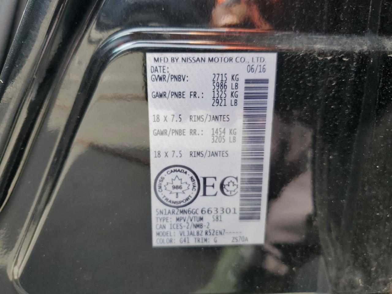 2016 Nissan Pathfinder S VIN: 5N1AR2MN6GC663301 Lot: 64688805