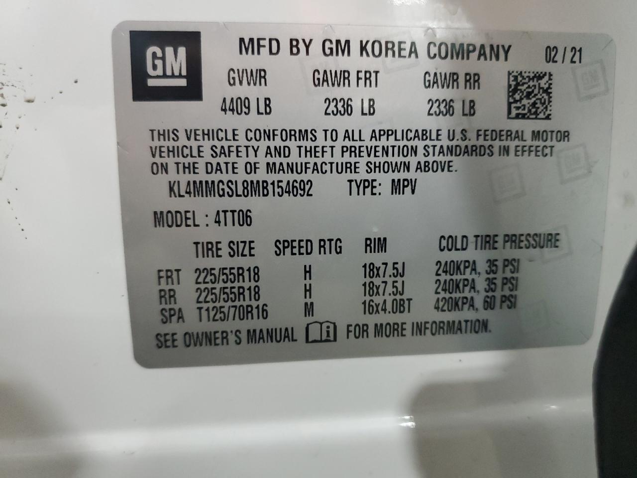 2021 Buick Encore Gx Essence VIN: KL4MMGSL8MB154692 Lot: 64994525