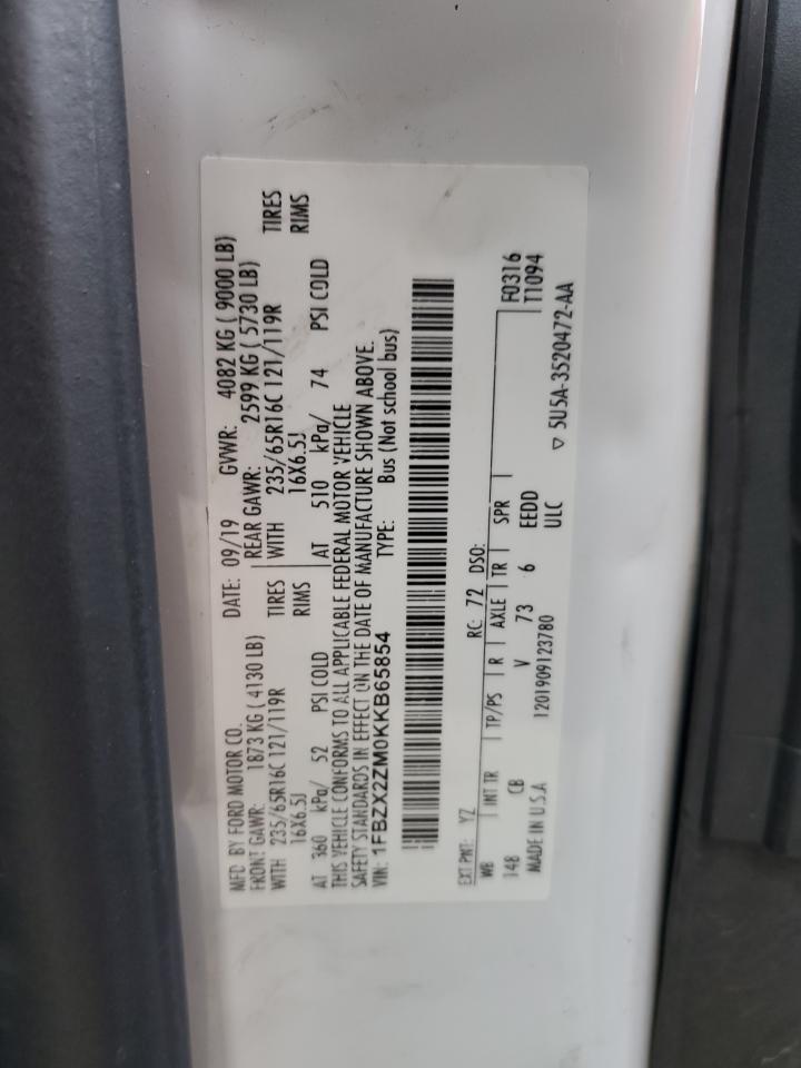2019 Ford Transit T-350 VIN: 1FBZX2ZM0KKB65854 Lot: 65155065