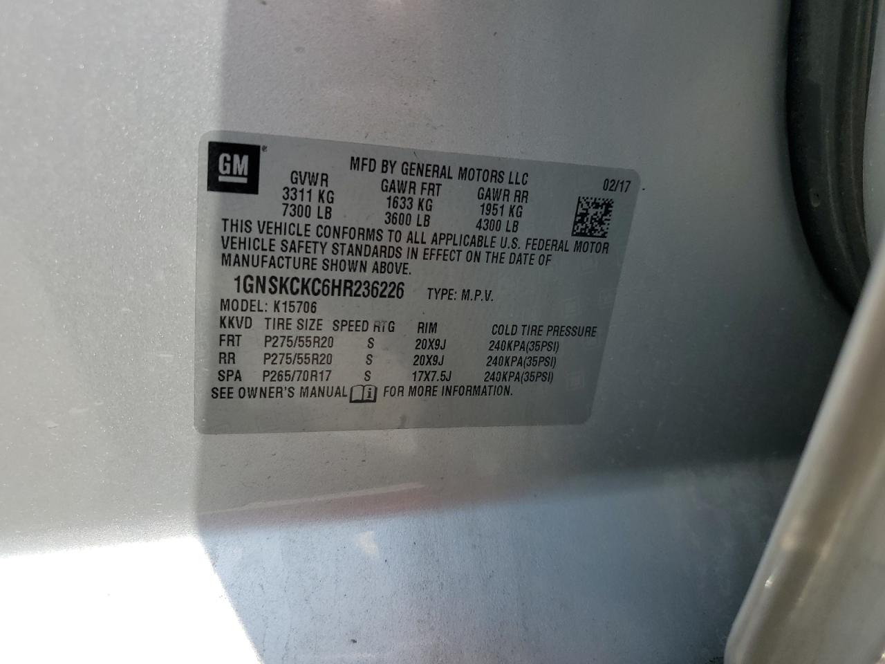 2017 Chevrolet Tahoe K1500 Premier VIN: 1GNSKCKC6HR236226 Lot: 65236045