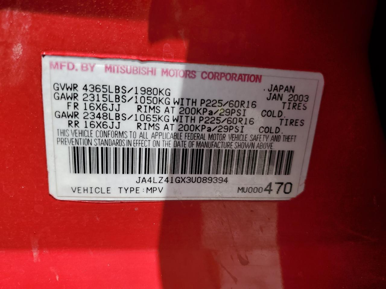 2003 Mitsubishi Outlander Xls VIN: JA4LZ41GX3U089394 Lot: 63598055