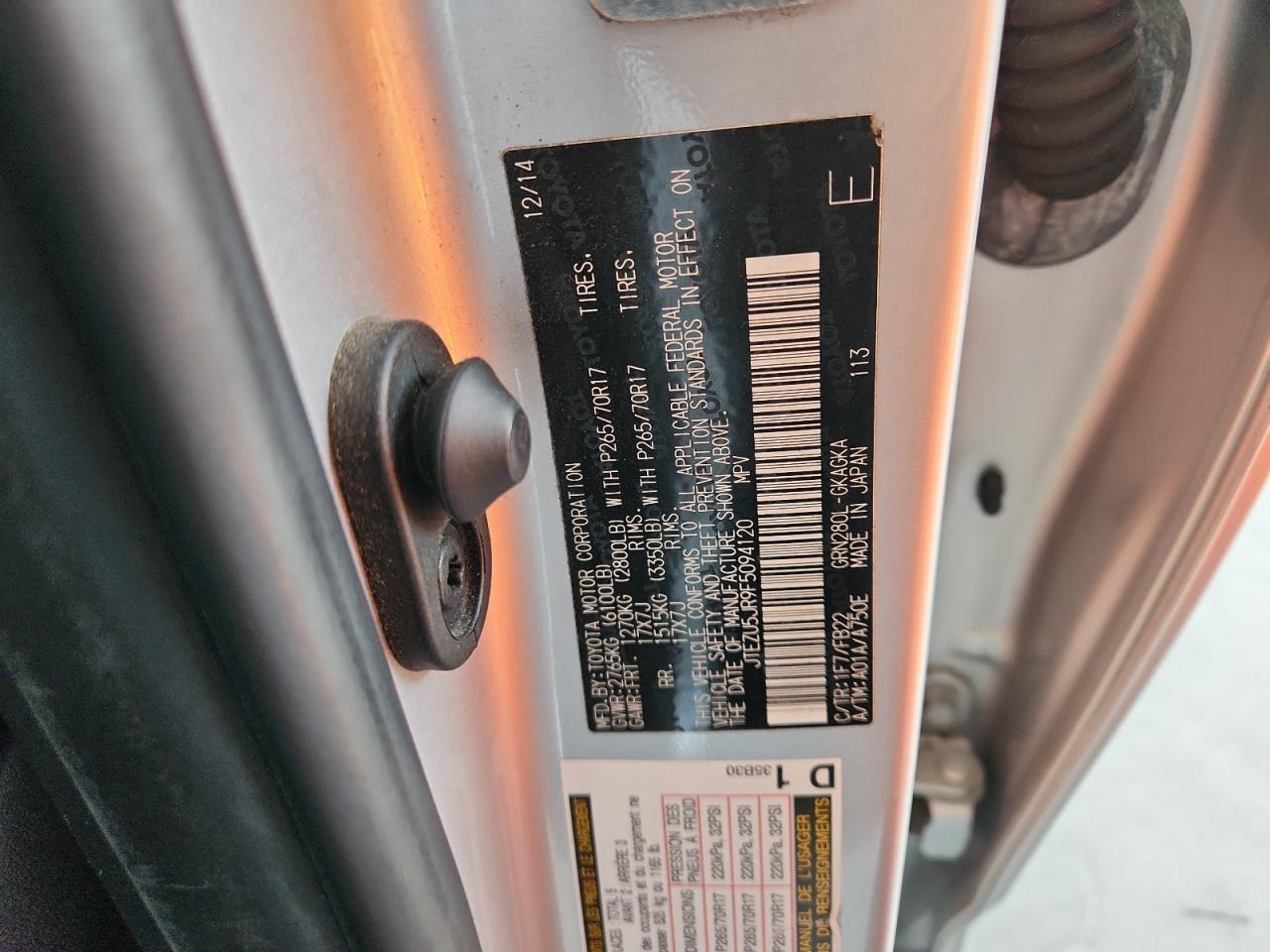 2015 Toyota 4Runner Sr5 VIN: JTEZU5JR9F5094120 Lot: 62825905