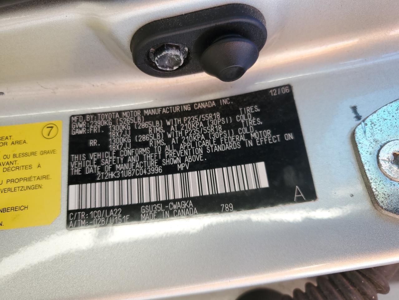 2007 Lexus Rx 350 VIN: 2T2HK31U87C043996 Lot: 63806685