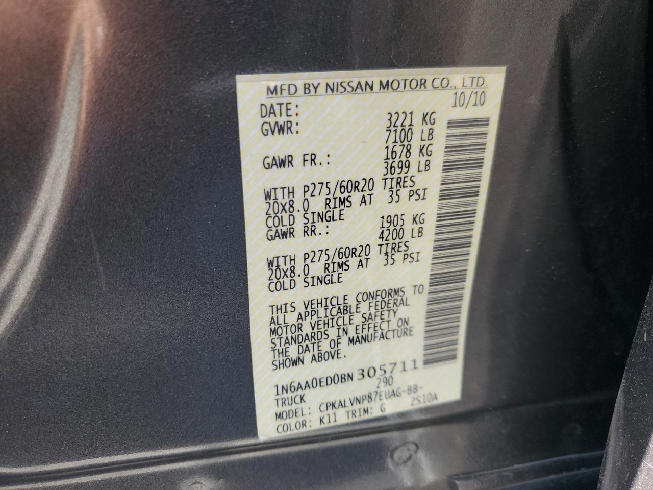 2011 Nissan Titan S VIN: 1N6AA0ED0BN305711 Lot: 63915575