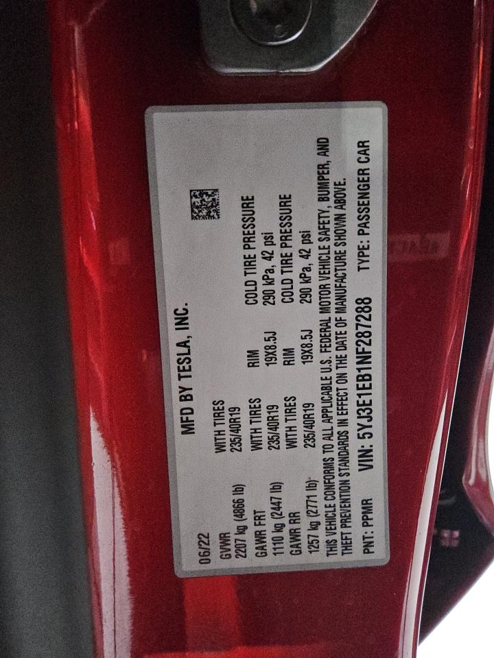 2022 Tesla Model 3 VIN: 5YJ3E1EB1NF287288 Lot: 64503655
