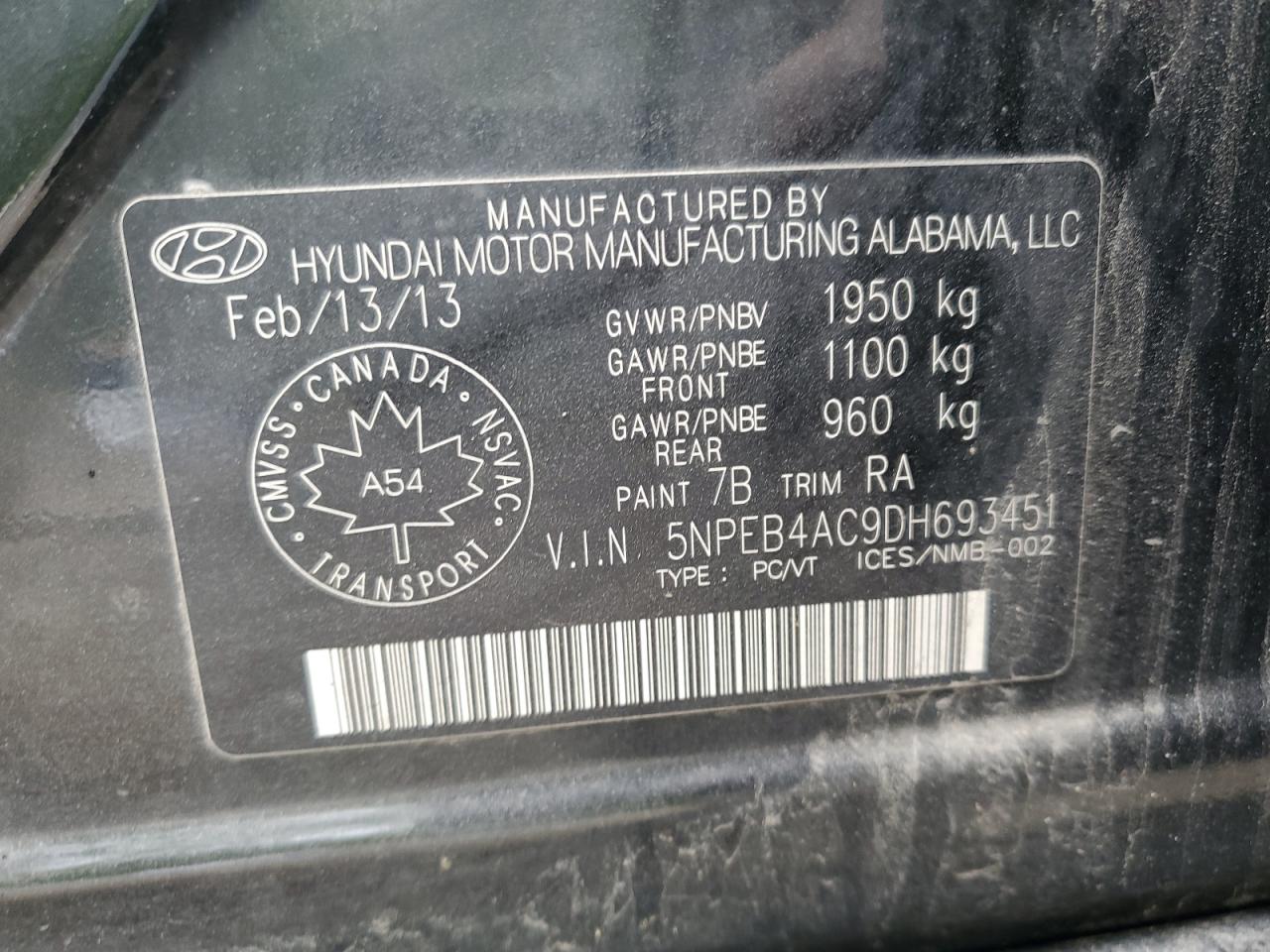 2013 Hyundai Sonata Gls VIN: 5NPEB4AC9DH693451 Lot: 62742595