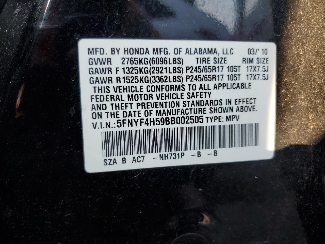 2011 Honda Pilot Exl VIN: 5FNYF4H59BB002505 Lot: 66171935