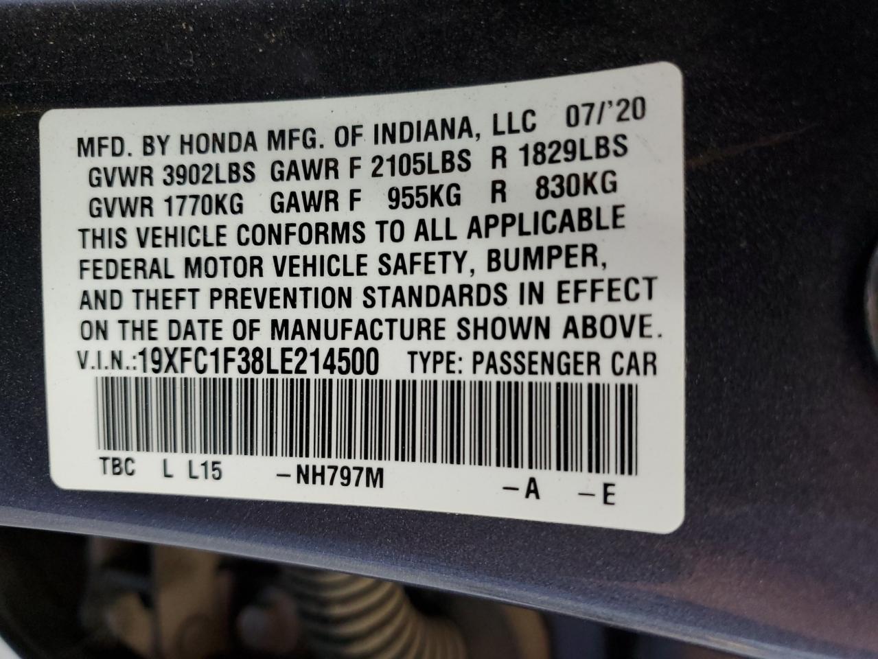 2020 Honda Civic Ex VIN: 19XFC1F38LE214500 Lot: 65407385