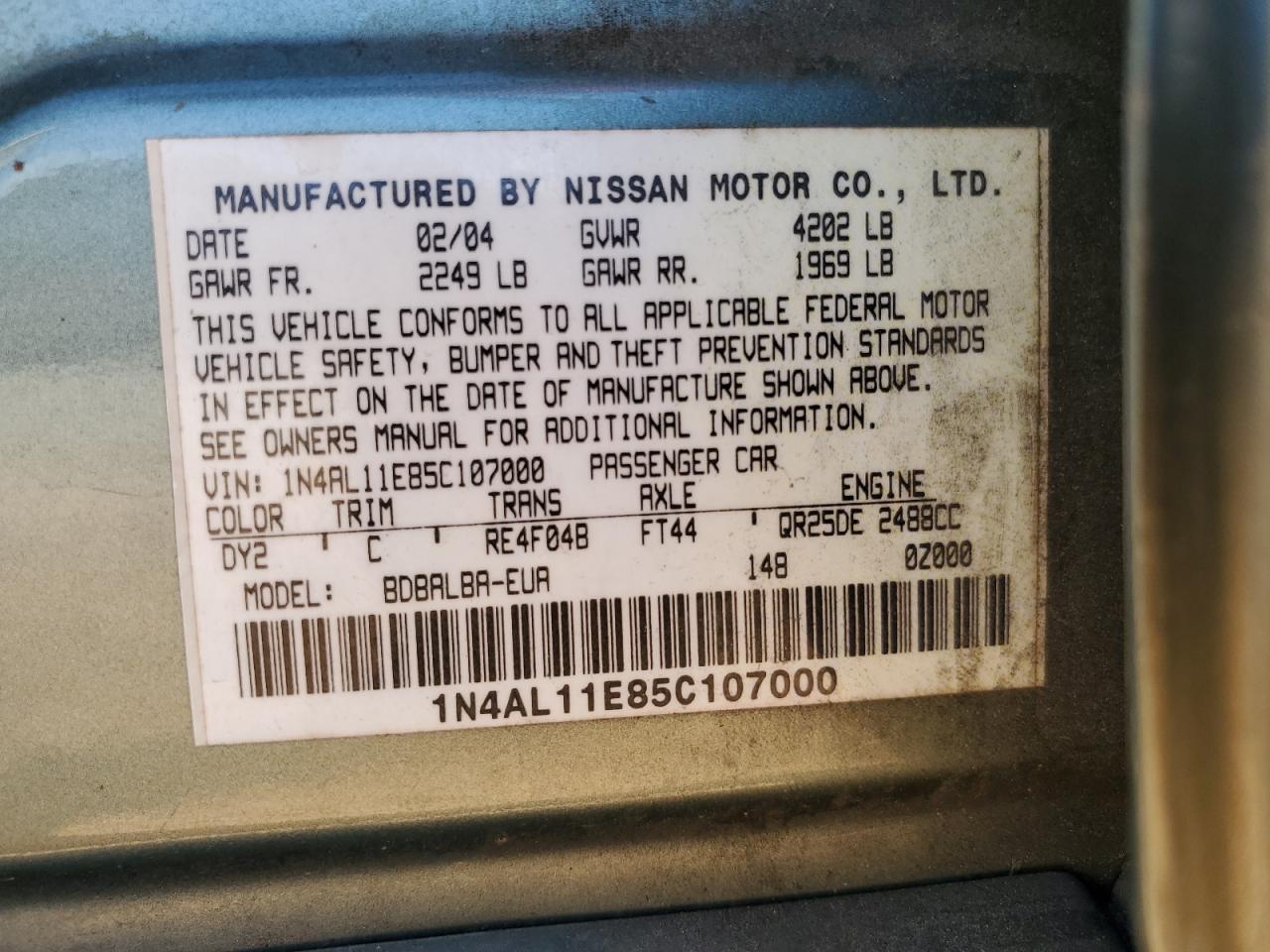 2005 Nissan Altima S VIN: 1N4AL11E85C107000 Lot: 65321995