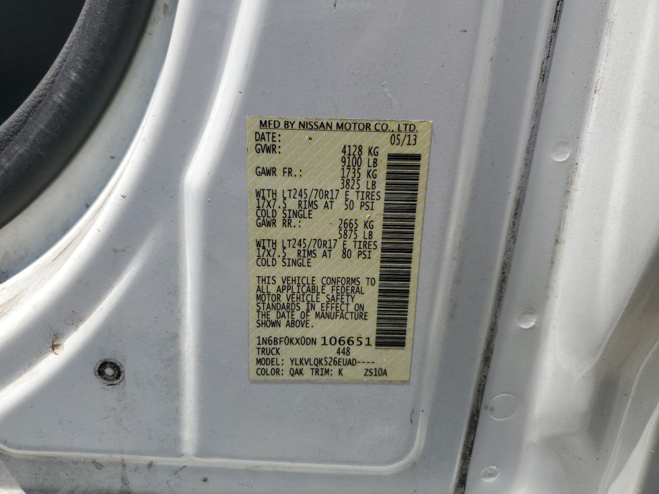 1n6bf0kx0dn106651 1N6BF0KX0DN106651 2013 Nissan Nv 1500