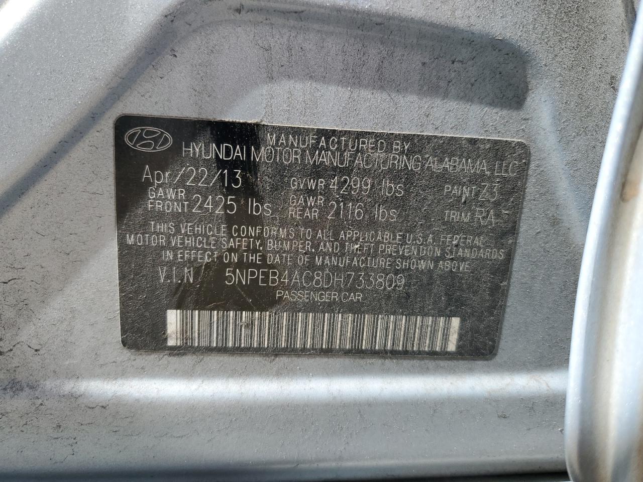 2013 Hyundai Sonata Gls VIN: 5NPEB4AC8DH733809 Lot: 64497925