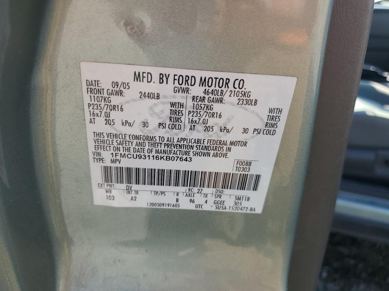 2006 Ford Escape Xlt VIN: 1FMCU93116KB07643 Lot: 64562685