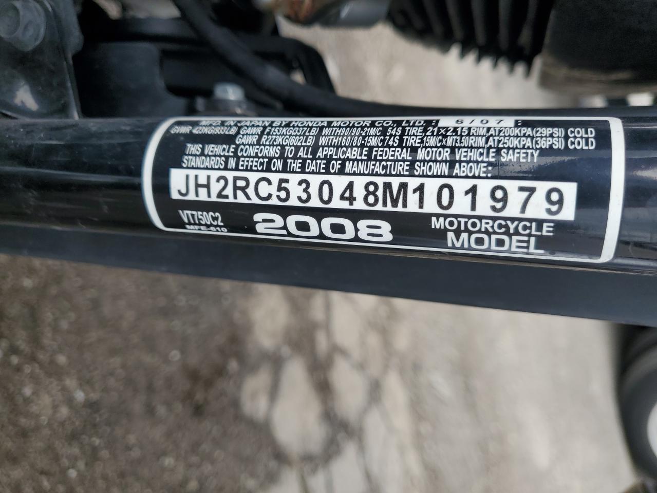 2008 Honda Vt750 C2 VIN: JH2RC53048M101979 Lot: 63439285