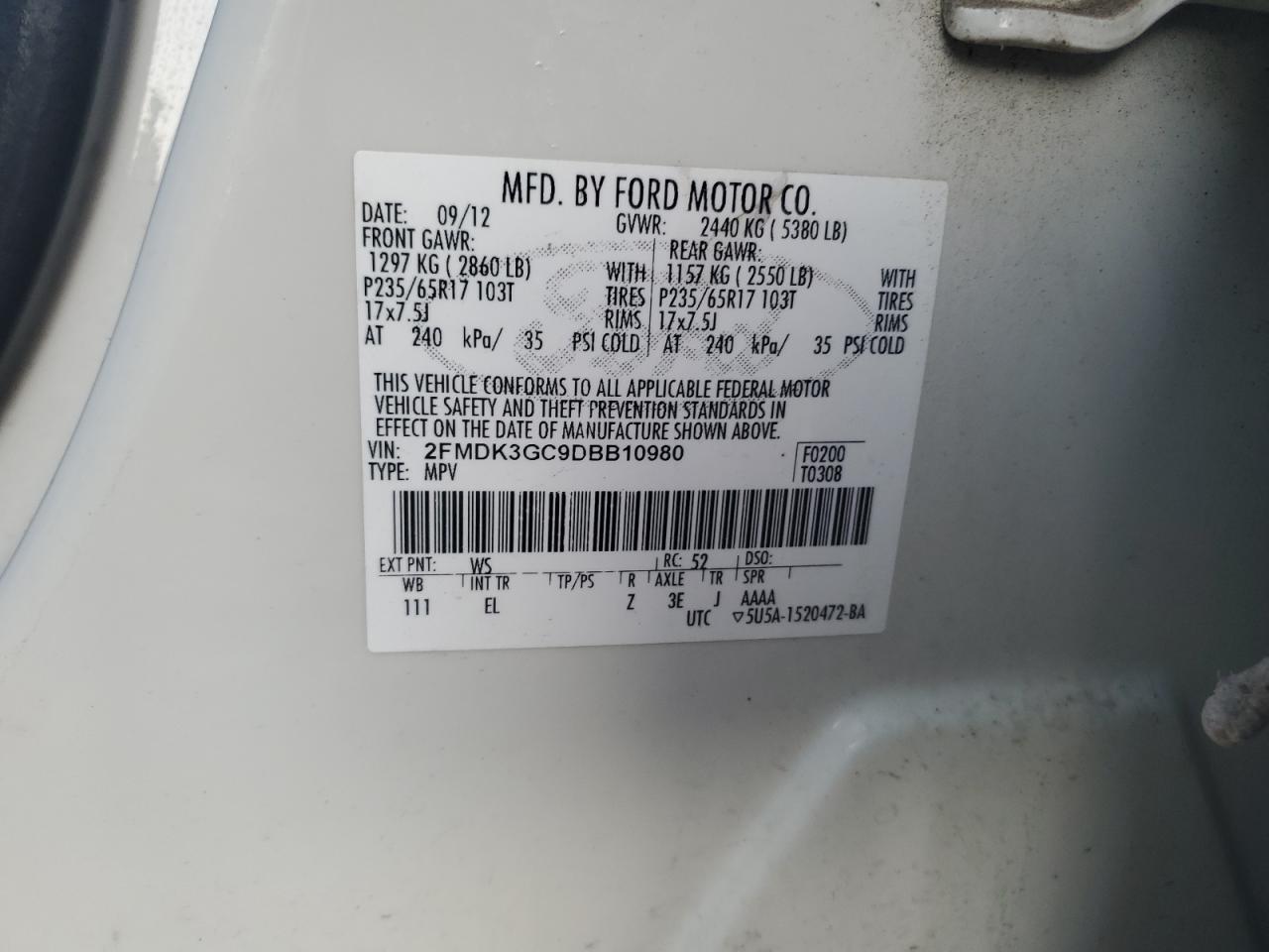 2013 Ford Edge Se VIN: 2FMDK3GC9DBB10980 Lot: 64505805