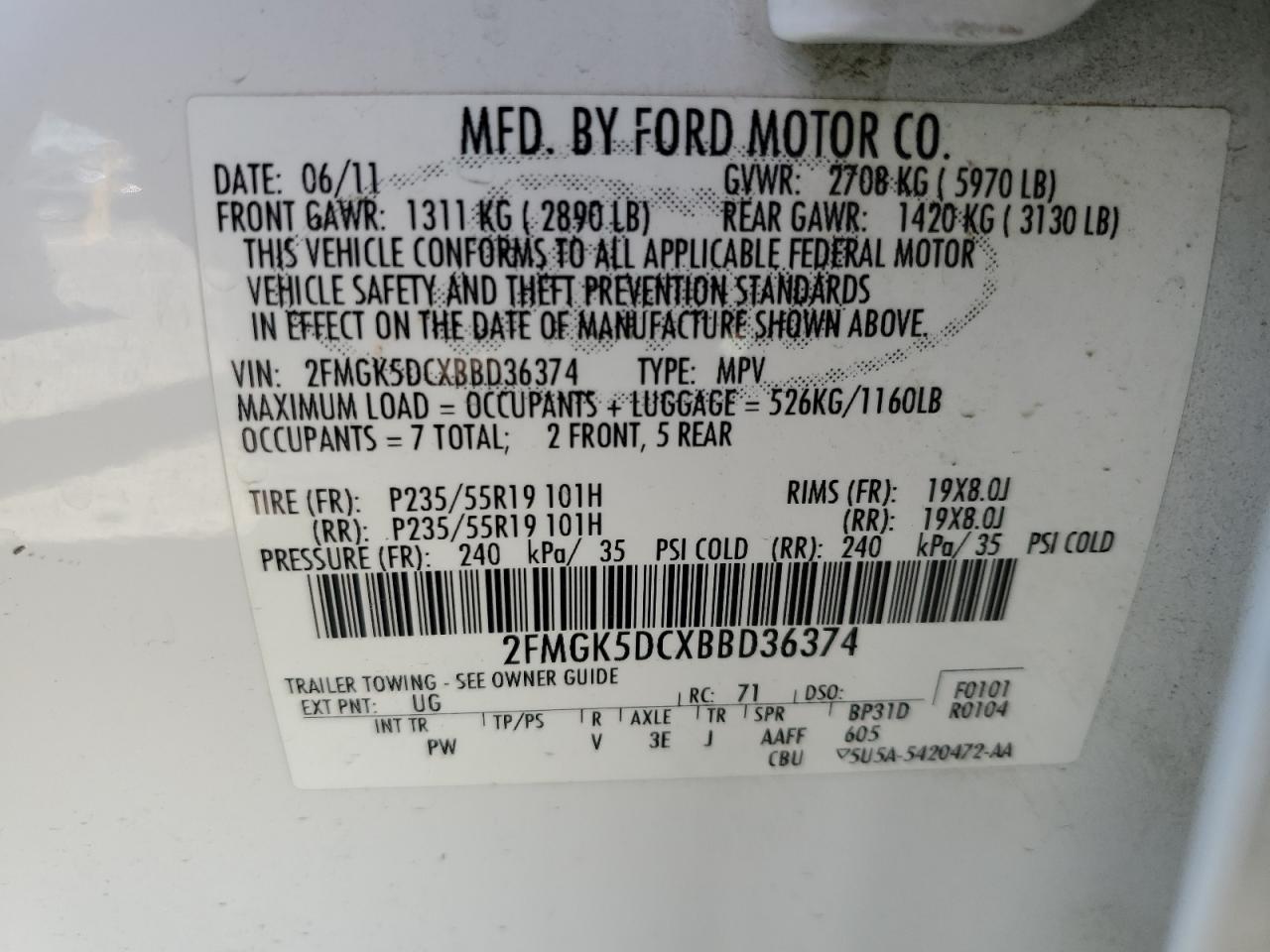 2011 Ford Flex Limited VIN: 2FMGK5DCXBBD36374 Lot: 64862515
