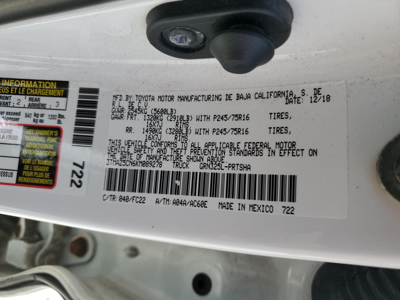 2019 Toyota Tacoma Double Cab VIN: 3TMAZ5CN6KM089278 Lot: 64123525