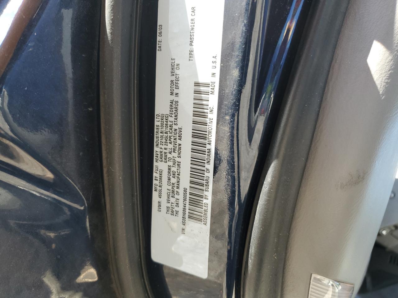 2004 Subaru Legacy Outback Limited VIN: 4S3BH686447600580 Lot: 63056945