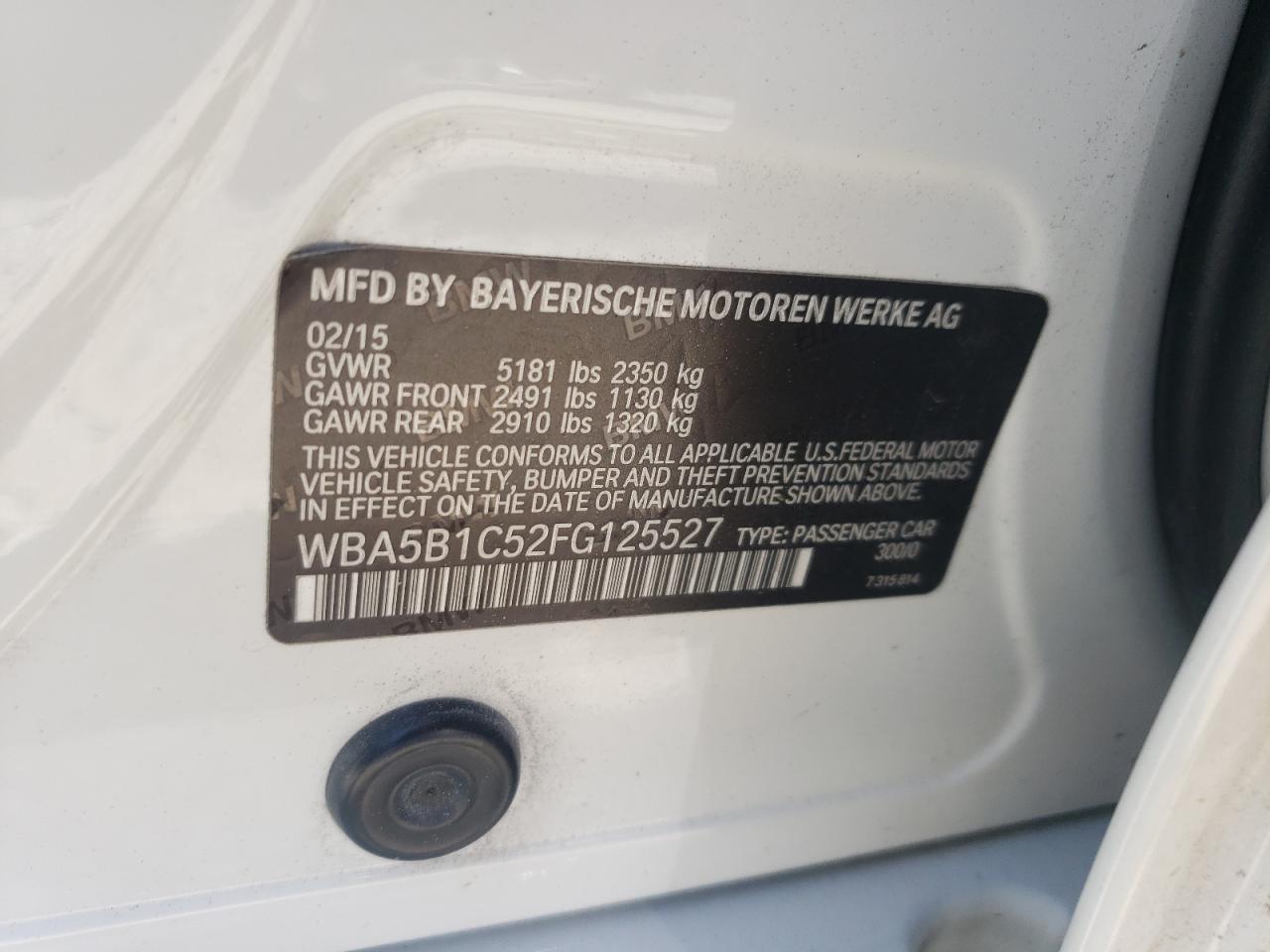2015 BMW 535 I VIN: WBA5B1C52FG125527 Lot: 63674605