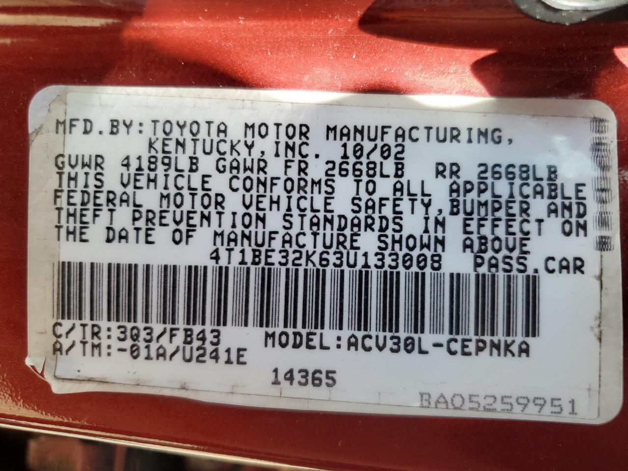 2003 Toyota Camry Le VIN: 4T1BE32K63U133008 Lot: 66162945