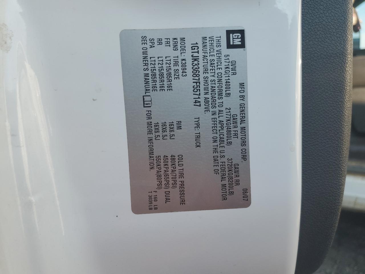 1gtjk33687f557147 1GTJK33687F557147 2007 GMC New Sierra K3500
