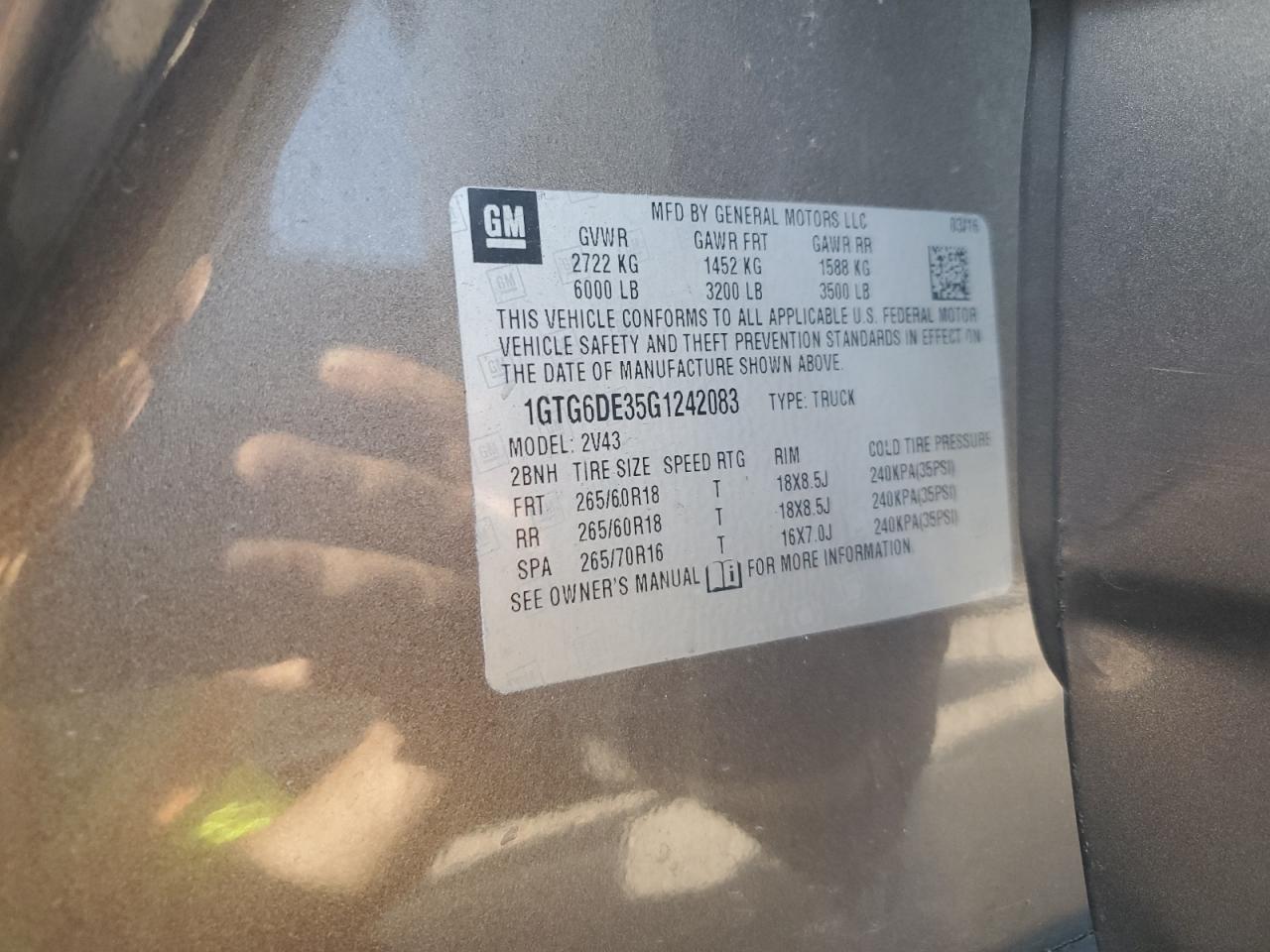 2016 GMC Canyon Slt VIN: 1GTG6DE35G1242083 Lot: 64419305