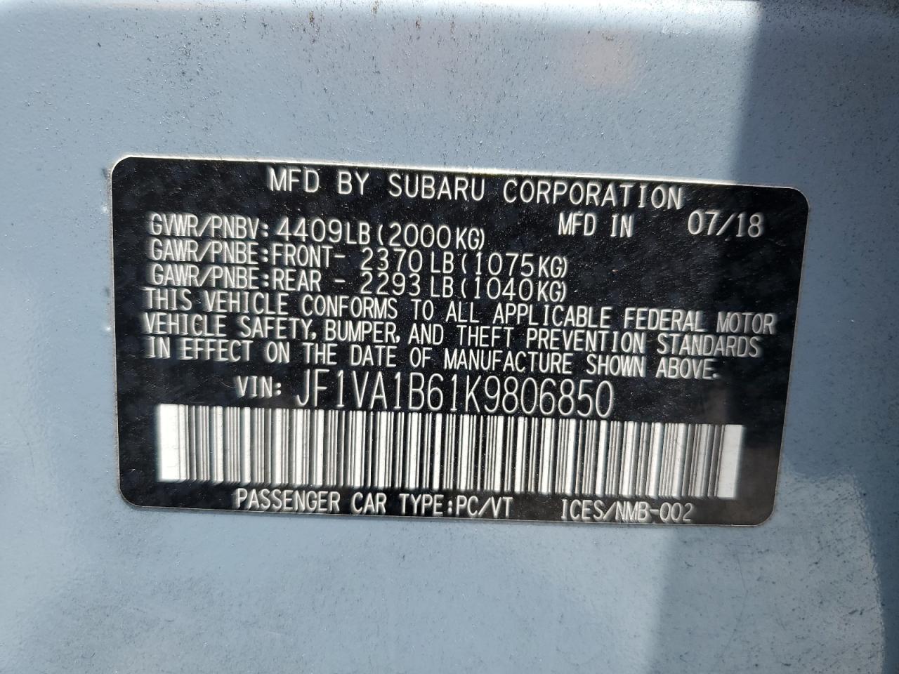 2019 Subaru Wrx Premium VIN: JF1VA1B61K9806850 Lot: 64183175