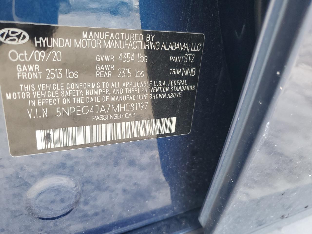 2021 Hyundai Sonata Se VIN: 5NPEG4JA7MH081197 Lot: 64198935