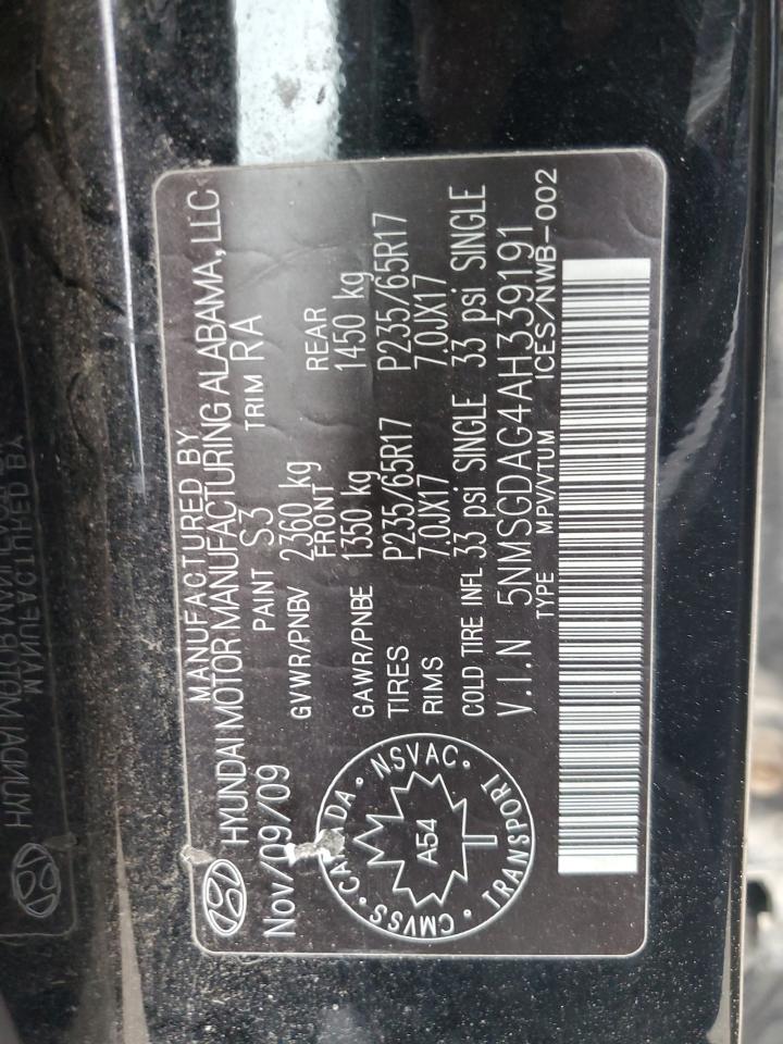2010 Hyundai Santa Fe Gls VIN: 5NMSGDAG4AH339191 Lot: 65196395