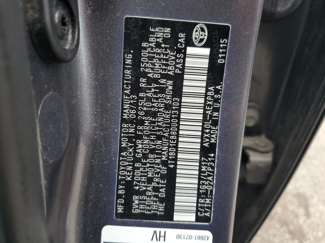 2013 Toyota Avalon Hybrid VIN: 4T1BD1EB8DU013103 Lot: 63824215