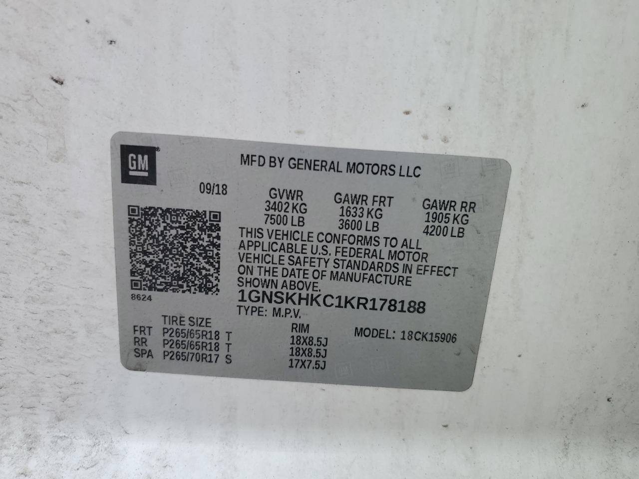 1gnskhkc1kr178188 1GNSKHKC1KR178188 2019 Chevrolet Suburban K1500 Lt